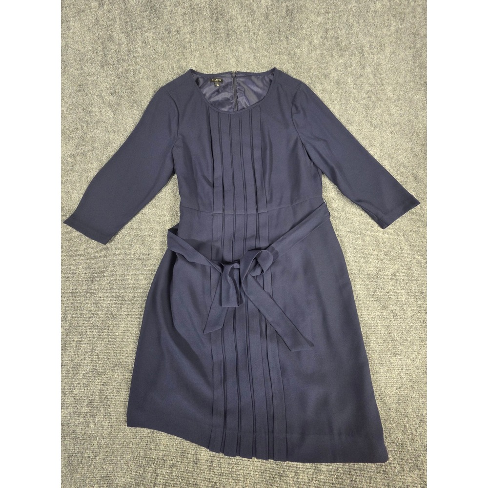 Talbots Petites Navy Blue Pleated Fit and Flare Belted Dress 16P 3/4 Sleeve Work